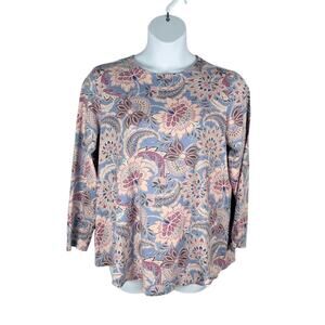 Pure Jill T-shirt Womens XL Light Blue Paisley Floral Shirttail Long Sleeve Tee